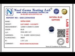 Lab certificate for Bankok Neelam Stone 9.53 Ratti (8.67 Carat) - Blue Sapphire - NATURAL BLUE SAPPHIRE, 8.67 CARAT – 9.53 RA
