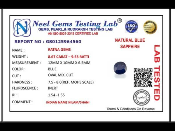 Lab certificate for Bankok Neelam Stone 9.53 Ratti (8.67 Carat) - Blue Sapphire - NATURAL BLUE SAPPHIRE, 8.67 CARAT – 9.53 RA