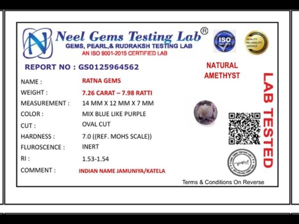 Lab certificate for Amethyst Stone 7.26 Carat (7.98 Ratti) Jamunia Ratna - NATURAL AMETHYST, 7.26 CARAT – 7.98 RATTI