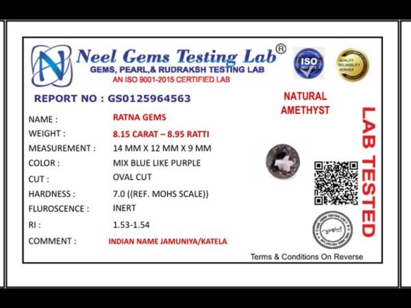 Lab certificate for Amethyst Stone 8.15 Carat (8.95 Ratti) Jamunia - NATURAL AMETHYST, 8.15 CARAT – 8.95 RATTI