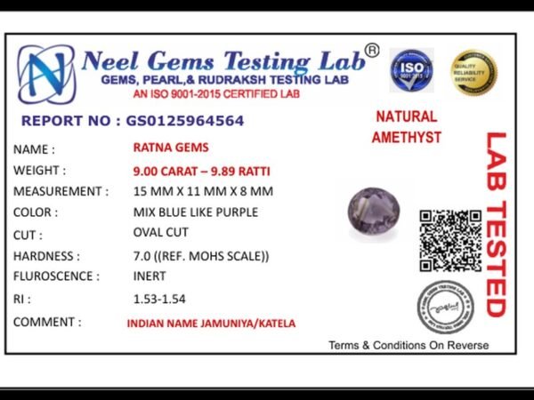 Lab certificate for Amethyst (Jamunia) 9.00 Carat - 9.89 Ratti - NATURAL AMETHYST, 9.00 CARAT – 9.89 RATTI