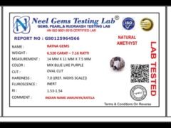 Lab certificate for Amethyst Stone 6.520 Carat (7.16 Ratti) Jamunia Ratna - NATURAL AMETHYST, 6.520 CARAT – 7.16 RATTI
