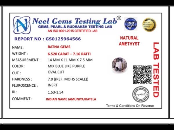 Lab certificate for Amethyst Stone 6.520 Carat (7.16 Ratti) Jamunia Ratna - NATURAL AMETHYST, 6.520 CARAT – 7.16 RATTI