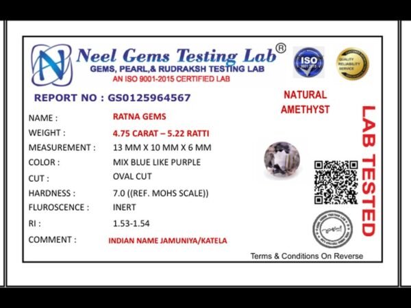 Lab certificate for Amethyst Stone 4.75 Carat (5.22 Ratti) Jamunia Ratna - NATURAL AMETHYST, 4.75 CARAT – 5.22 RATTI