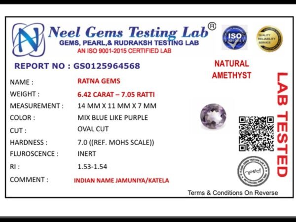 Lab certificate for Amethyst Stone 6.42 Carat (7.05 Ratti) Jamunia Ratna - NATURAL AMETHYST, 6.42 CARAT – 7.05 RATTI