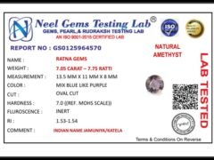 Lab certificate for Amethyst Stone 7.05 Carat (7.75 Ratti) Jamunia Ratna - NATURAL AMETHYST, 7.05 CARAT – 7.75 RATTI