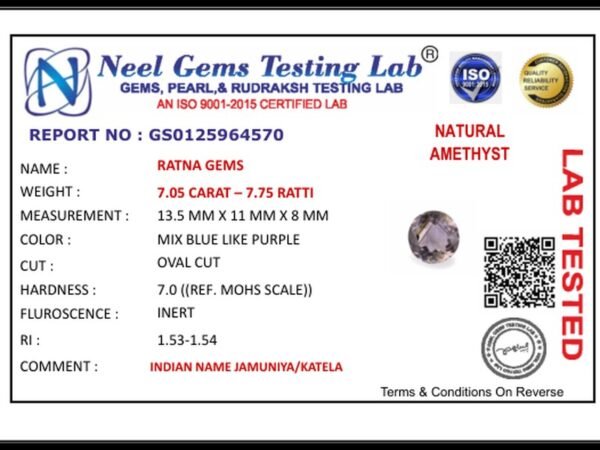 Lab certificate for Amethyst Stone 7.05 Carat (7.75 Ratti) Jamunia Ratna - NATURAL AMETHYST, 7.05 CARAT – 7.75 RATTI