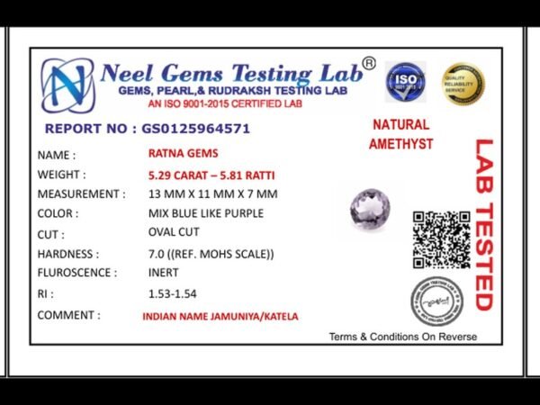 Lab certificate for Amethyst (Jamunia) 5.29 carat - 5.81 ratti - NATURAL AMETHYST, 5.29 CARAT – 5.81 RATTI