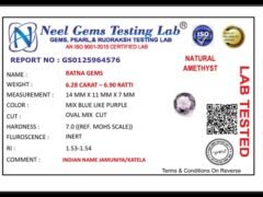 Lab certificate for Amethyst Stone 6.28 Carat (6.90 Ratti) Jamunia Ratna - NATURAL AMETHYST, 6.28 CARAT – 6.90 RATTI