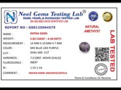 Lab certificate for Amethyst Stone 5.82 Carat (6.40 Ratti) Jamunia Ratna - NATURAL AMETHYST, 5.82 CARAT – 6.40 RATTI