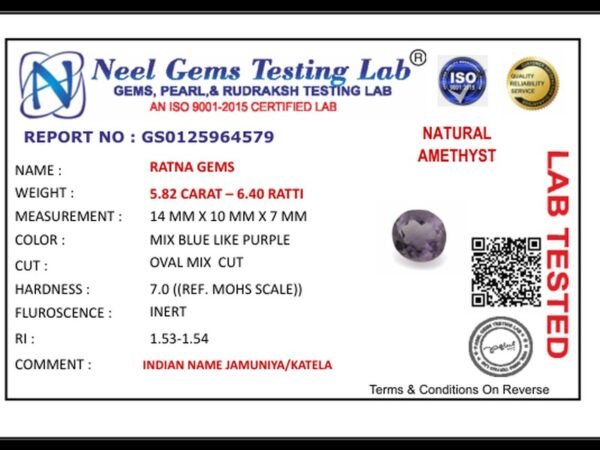 Lab certificate for Amethyst Stone 5.82 Carat (6.40 Ratti) Jamunia Ratna - NATURAL AMETHYST, 5.82 CARAT – 6.40 RATTI