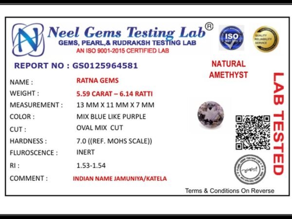 Lab certificate for Amethyst Stone 5.59 Carat (6.14 Ratti) Jamunia Ratna - NATURAL AMETHYST, 5.59 CARAT – 6.14 RATTI