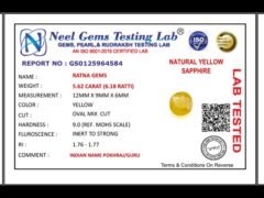 Lab certificate for Bangkok yellow sapphire (Pukhraj) 5.62 Carat (6.18 Ratti) - NATURAL YELLOW SAPPHIRE, 5.62 CARAT (6.18 RAT