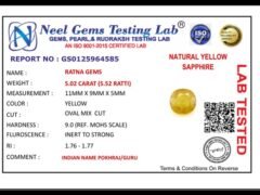 Lab certificate for Bankok Pukhraj Stone 5.02 carat (5.52 Ratti) - NATURAL YELLOW SAPPHIRE, 5.02 CARAT (5.52 RATTI)