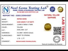 Lab certificate for Bangkok Yellow Sapphire – 6.80 Carat (7.47 Ratti) Pukhraj Stone - NATURAL YELLOW SAPPHIRE, 6.80 CARAT/ 7.