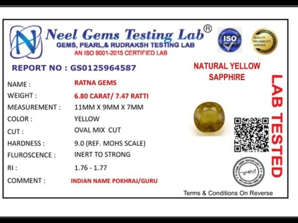 Lab certificate for Bangkok Yellow Sapphire – 6.80 Carat (7.47 Ratti) Pukhraj Stone - NATURAL YELLOW SAPPHIRE, 6.80 CARAT/ 7.
