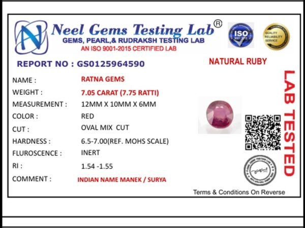 Lab certificate for Bangkok Ruby Stone (Manik) 7.05 Carat (7.75 Ratti) - NATURAL RUBY, 7.05 CARAT (7.75 RATTI)