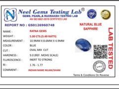 Lab certificate for Bangkok Blue Sapphire (Neelam) 5 Carat (5.49 Ratti) — Oval Cut - NATURAL BLUE SAPPHIRE, 5.00 CTS.(5.49 RA