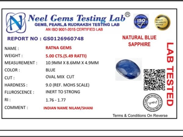 Lab certificate for Bangkok Blue Sapphire (Neelam) 5 Carat (5.49 Ratti) — Oval Cut - NATURAL BLUE SAPPHIRE, 5.00 CTS.(5.49 RA