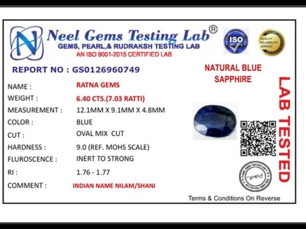 Lab certificate for Bangkok Neelam Stone 7.03 Ratti (6.40 Carat) - Blue Sapphire - NATURAL BLUE SAPPHIRE, 6.40 CTS.(7.03 RATT