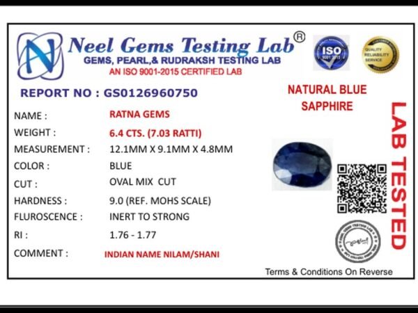 Lab certificate for Bangkok Blue Sapphire (Neelam) 6.4 Carat (7.03 Ratti) — Oval Cut - NATURAL BLUE SAPPHIRE, 6.4 CTS. (7.03 