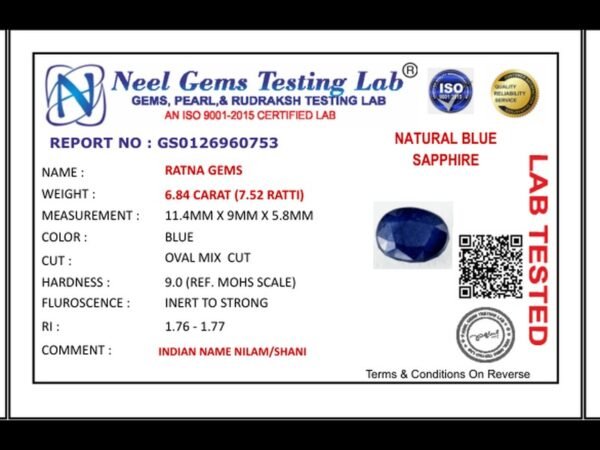 Lab certificate for Bangkok Blue Sapphire (Neelam) 6.84 Carat (7.52 Ratti) — Oval Cut - NATURAL BLUE SAPPHIRE, 6.84 CARAT (7.
