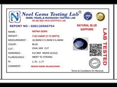 Lab certificate for Bangkok Blue Sapphire (Neelam) 7.02 Carat (7.71 Ratti) — Oval Cut - NATURAL BLUE SAPPHIRE, 7.02 CARAT (7.