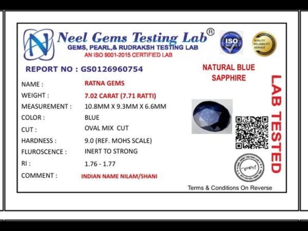 Lab certificate for Bangkok Blue Sapphire (Neelam) 7.02 Carat (7.71 Ratti) — Oval Cut - NATURAL BLUE SAPPHIRE, 7.02 CARAT (7.