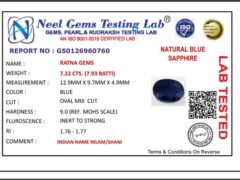 Lab certificate for Bangkok Blue Sapphire (Neelam) 7.22 Carat (7.93 Ratti) — Oval Cut - NATURAL BLUE SAPPHIRE, 7.22 CTS. (7.9