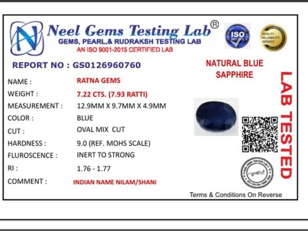 Lab certificate for Bangkok Blue Sapphire (Neelam) 7.22 Carat (7.93 Ratti) — Oval Cut - NATURAL BLUE SAPPHIRE, 7.22 CTS. (7.9