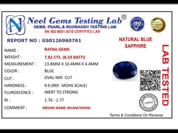 Lab certificate for Bangkok Blue Sapphire (Neelam) 7.82 Carat (8.59 Ratti) — Oval Cut - NATURAL BLUE SAPPHIRE, 7.82 CTS. (8.5