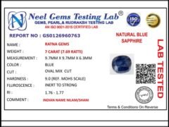 Lab certificate for Bangkok Blue Sapphire (Neelam) 7 Carat (7.69 Ratti) — Octagon Cut - NATURAL BLUE SAPPHIRE, 7 CARAT (7.69 