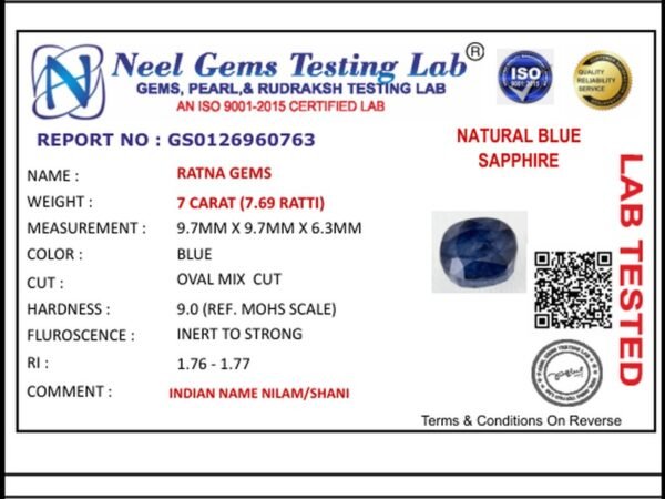 Lab certificate for Bangkok Blue Sapphire (Neelam) 7 Carat (7.69 Ratti) — Octagon Cut - NATURAL BLUE SAPPHIRE, 7 CARAT (7.69 