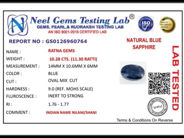 Lab certificate for Bangkok Blue Sapphire (Neelam) 10.28 Carat (11.30 Ratti) — Oval Cut - NATURAL BLUE SAPPHIRE, 10.28 CTS. (