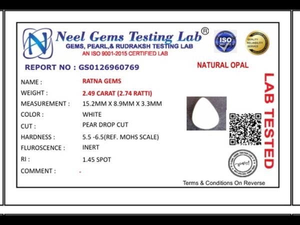 Lab certificate for Pearl Drop Australian Opal 2.49 Carat (2.74 Ratti) - NATURAL OPAL, 2.49 CARAT (2.74 RATTI)