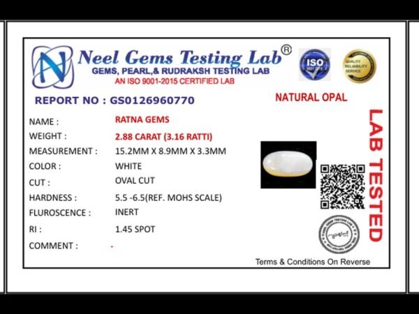 Lab certificate for Australian Opal 2.88 Carat (3.16 Ratti) - NATURAL OPAL, 2.88 CARAT (3.16 RATTI)