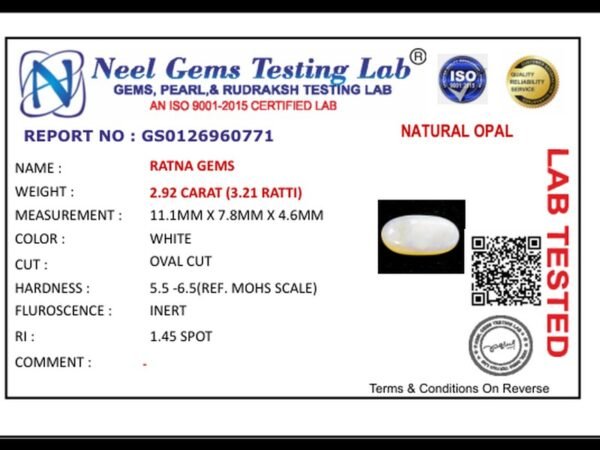 Lab certificate for Australian Opal 2.92 Carat (3.21 Ratti) - NATURAL OPAL, 2.92 CARAT (3.21 RATTI)