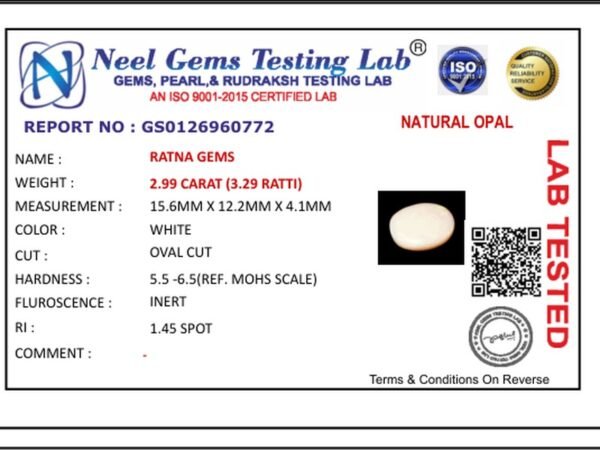 Lab certificate for Australian Opal 2.99 Carat (3.29 Ratti) - NATURAL OPAL, 2.99 CARAT (3.29 RATTI)