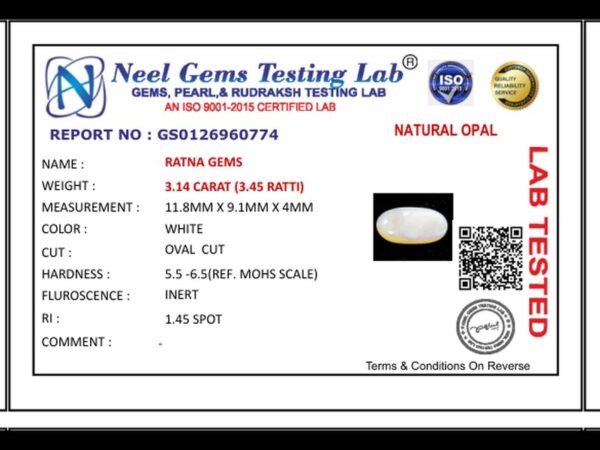 Lab certificate for Australian Opal 3.14 Carat (3.45 Ratti) - NATURAL OPAL, 3.14 CARAT (3.45 RATTI)