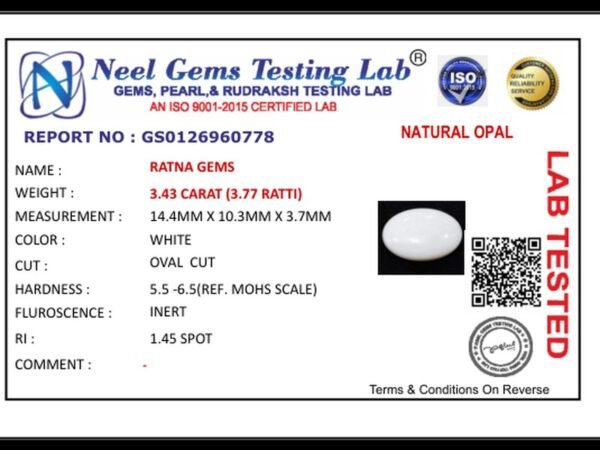 Lab certificate for Australian Opal 3.43 Carat (3.77 Ratti) - NATURAL OPAL, 3.43 CARAT (3.77 RATTI)