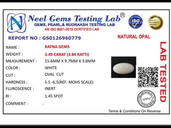 Lab certificate for Australian Opal 3.49 Carat (3.84 Ratti) - NATURAL OPAL, 3.49 CARAT (3.84 RATTI)