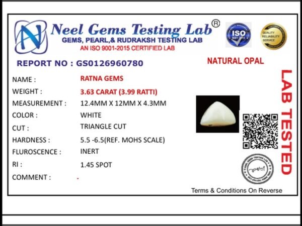 Lab certificate for Triangle Cut Australian Opal 3.63 Carat (3.99 Ratti) - NATURAL OPAL, 3.63 CARAT (3.99 RATTI)