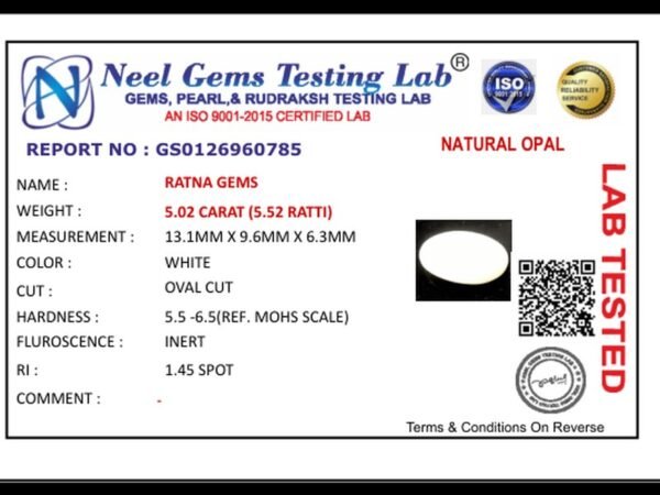 Lab certificate for Australian Opal 5.02 Carat (5.52 Ratti) - NATURAL OPAL, 5.02 CARAT (5.52 RATTI)