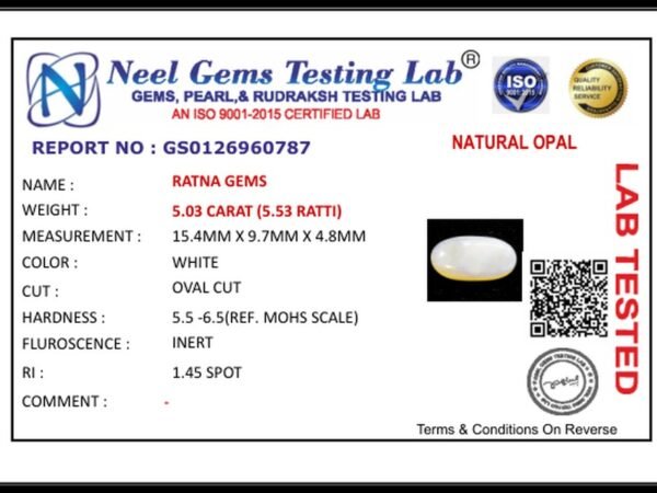 Lab certificate for Australian Opal 5.03 Carat (5.53 Ratti) - NATURAL OPAL, 5.03 CARAT (5.53 RATTI)
