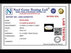 Lab certificate for Australian Opal 5.9 Carat (6.48 Ratti) - NATURAL OPAL, 5.9 CARAT (6.48 RATTI)