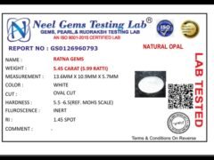 Lab certificate for Australian Opal 5.45 Carat (5.99 Ratti) - NATURAL OPAL, 5.45 CARAT (5.99 RATTI)
