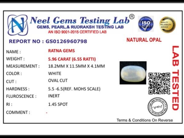 Lab certificate for Australian Opal 5.96 Carat (6.55 Ratti) - NATURAL OPAL, 5.96 CARAT (6.55 RATTI)