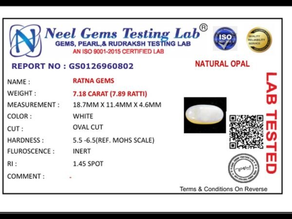 Lab certificate for Australian Opal 7.18 Carat (7.89 Ratti) - NATURAL OPAL, 7.18 CARAT (7.89 RATTI)