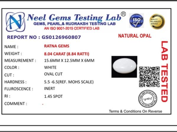 Lab certificate for Australian Opal 8.04 Carat (8.84 Ratti) - NATURAL OPAL, 8.04 CARAT (8.84 RATTI)