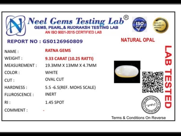 Lab certificate for Australian Opal 9.33 Carat (10.25 Ratti) - NATURAL OPAL, 9.33 CARAT (10.25 RATTI)